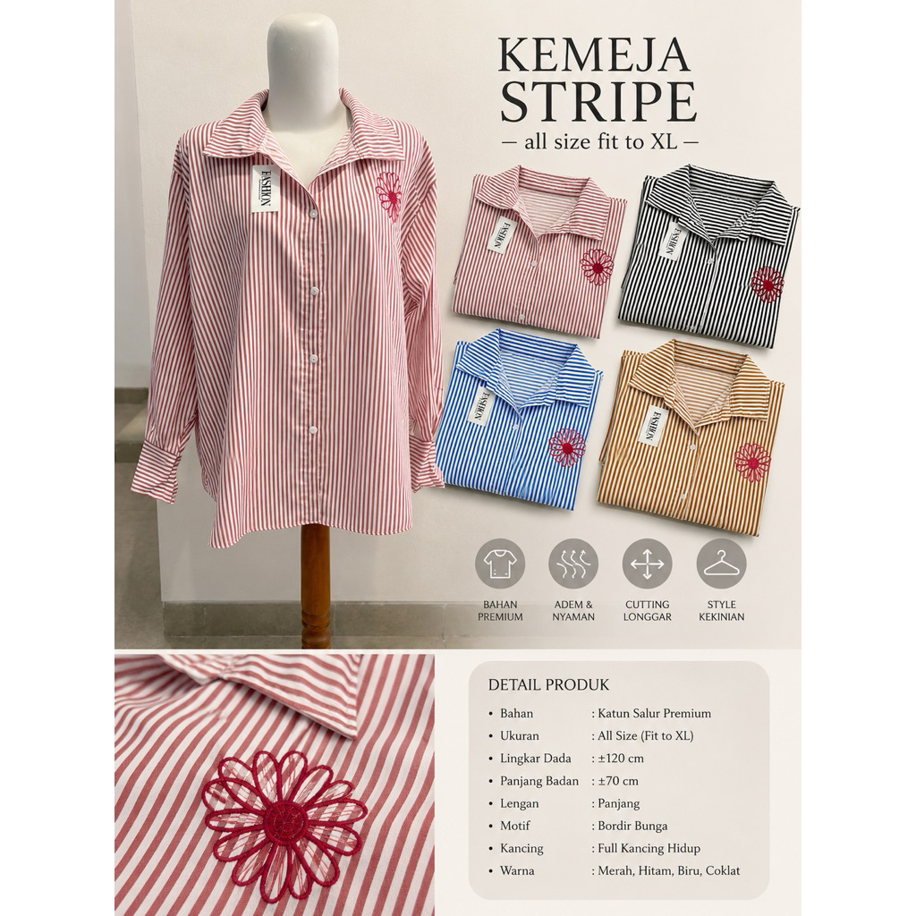 Kemeja Stripe Flower,Atasan Wanita, Kemeja Wanita, Shirt Flower Stripe