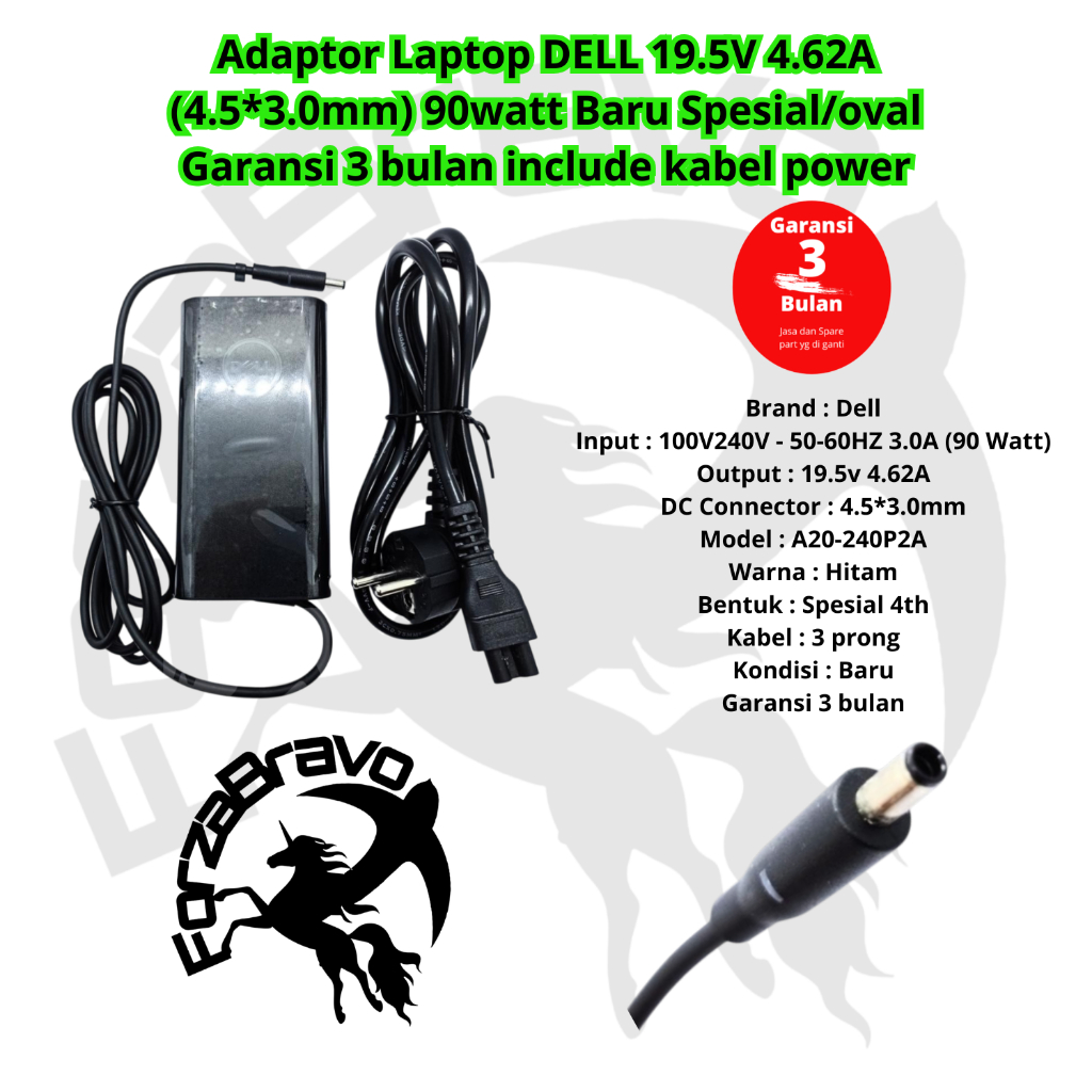 Charger Laptop Dell 19.5V 4.62A 4.5*3.0mm Spesial 4th Oval Fit 06C3W2 Inspiron 13 17 LA90PM130 Hitam