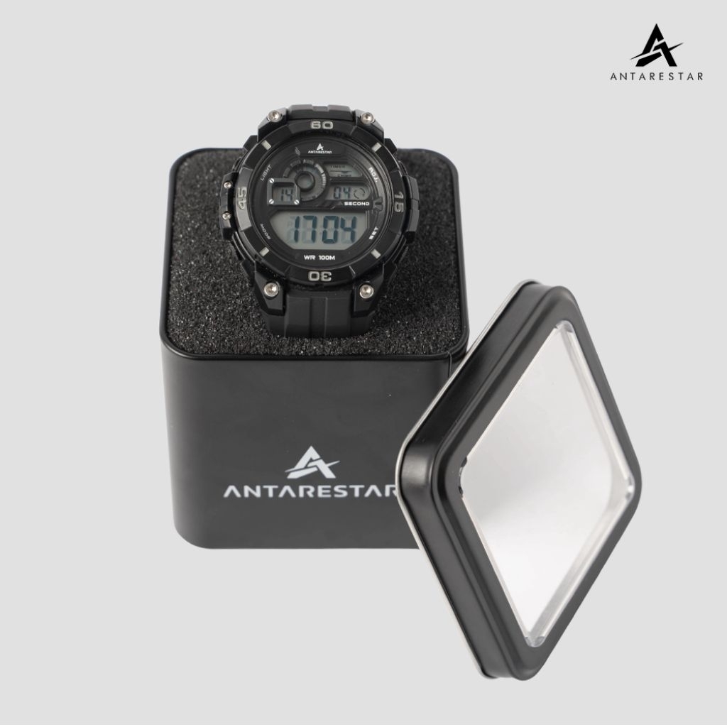 Jam Tangan Digital Pria Antarestar Sporty Anti Air WR100M Tali Rubber Hitam Original