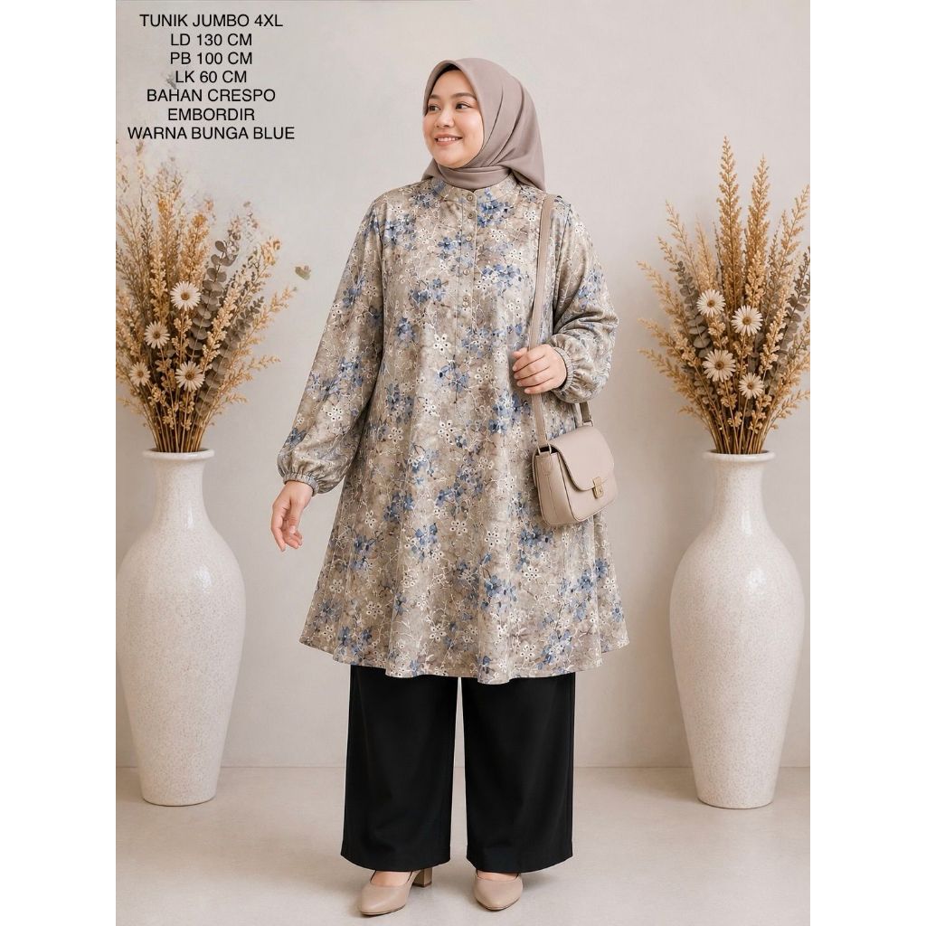 Tunik Jumbo Ld 130 Cm Bahan Katun Bordir Bolong Motif Kekinian - Rania Tunik