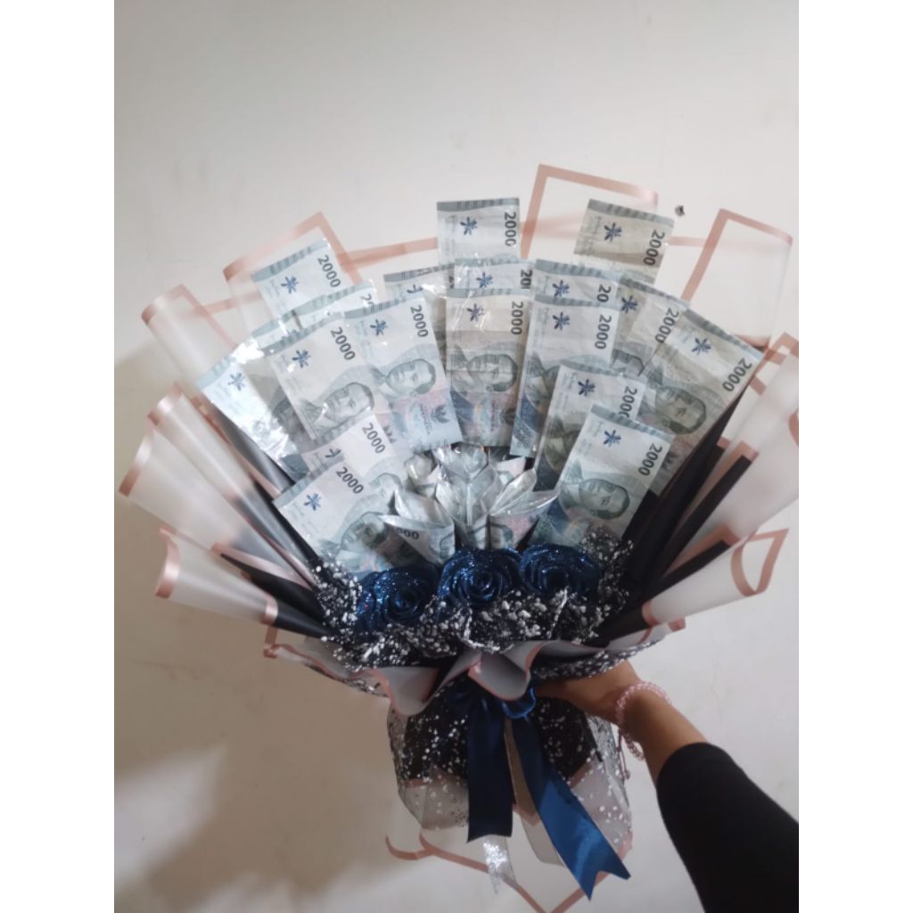 Buket Uang / Money Bucket Uang Asli / Palsu Gratis Bunga Pita Satin Glitter