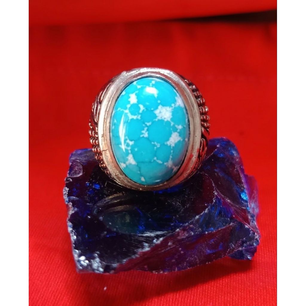 cincin batu akik pirus mesir biru urat perak ring ALPAKA