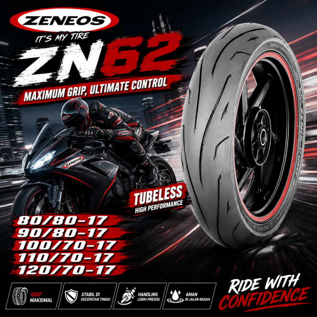 ZENEOS ZN62 80/80-17 90/80-17 100/70-17 110/70-17 120/70-17 Tubeless Ban Motor Ring 17 Ban Motor Tub