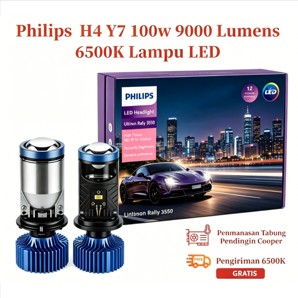Philips H4 Y7 100W 9000LM 6500K Lampu LED Mobil Ultra Terang