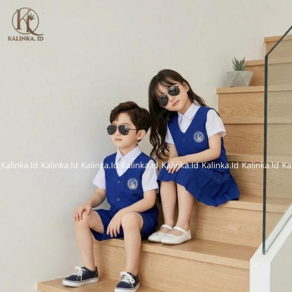 KalinkaID - Set Seragam dan Rompi TK/Paud Nasional Laki-Laki Perempuan Panjang/Pendek Biru Tua (Keme