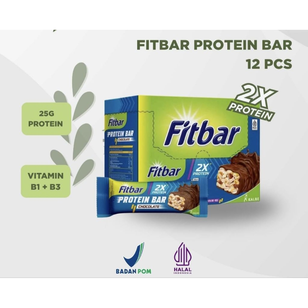 Fitbar Protein Chocolate Bar 1 Box isi 12 pcs @25gr Double Protein Bar Halal
