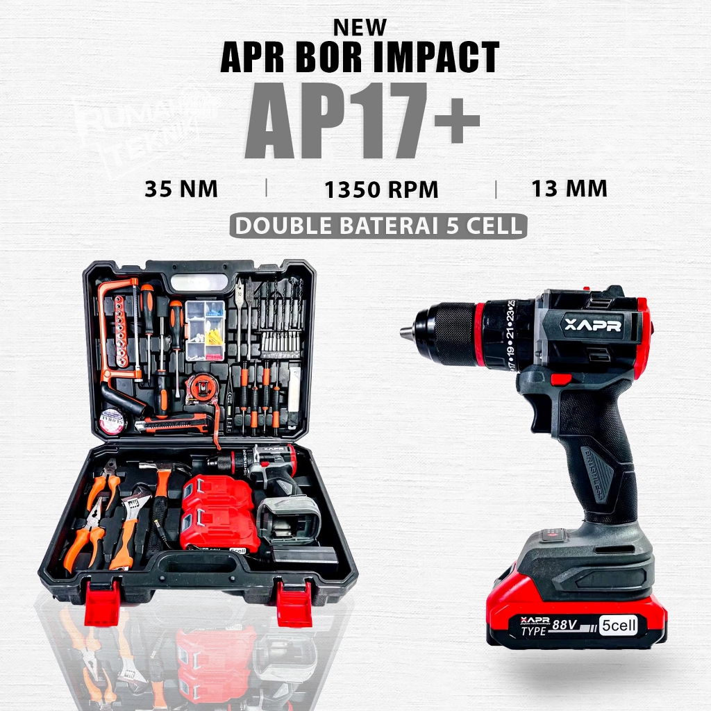 PROMO BOR CORDLES APR JAPAN TYPE AP17+ brushless 13mm chuck auto lock 2 BATERAI LXT 5 CELL