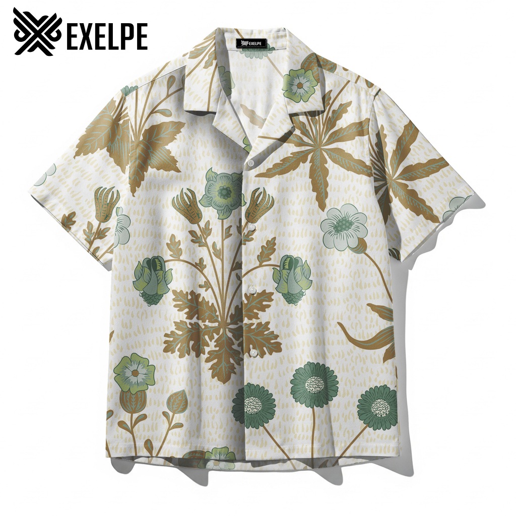 EXELPE Kemeja Vintage Botanical Floral Sage Green Unisex Desain Unik dan Artistik Premium