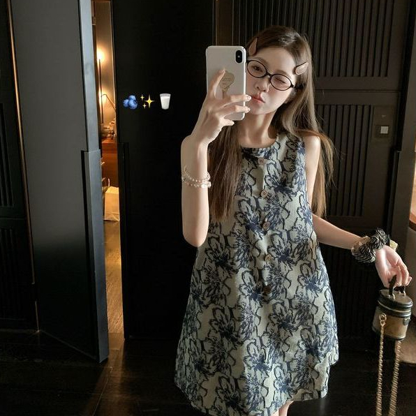 Gaun Wanita Hijau Gaya Cina dengan Lukisan Tinta, Model Vintage A-line Tank Dress