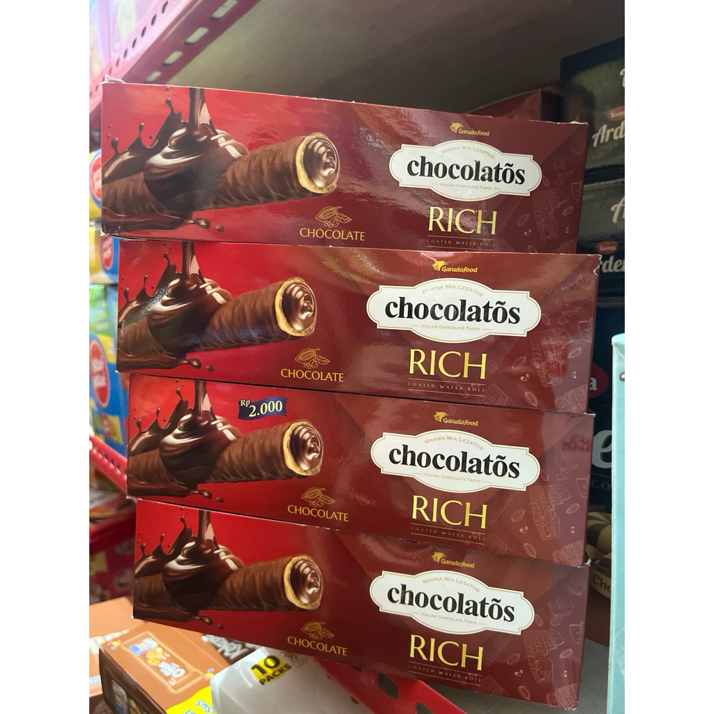 Chocolatos RICH Wafer Roll - 12 pcs/box, Rasa Coklat Italia, Krim Coklat Berlimpah