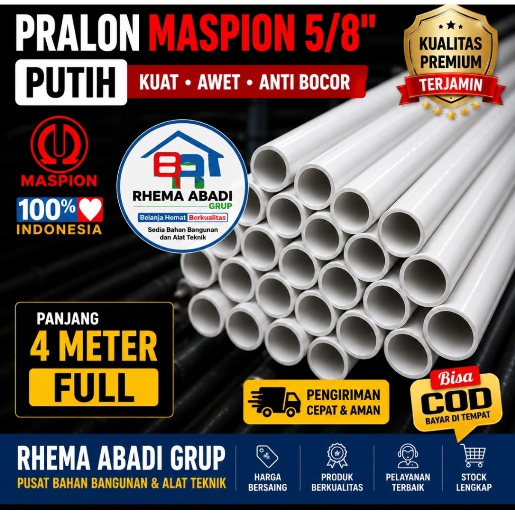 Pipa Listrik Maspion 5/8 Inch 4 Meter Putih | Pralon PVC Instalasi Kabel Rumah | Grosir Proyek Tukan