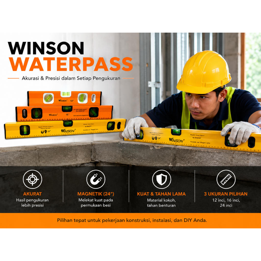 WINSON Waterpass Magnet 12” 16” 24” | Waterpass Tukang Bangunan Presisi | Alat Ukur Kerataan Dinding