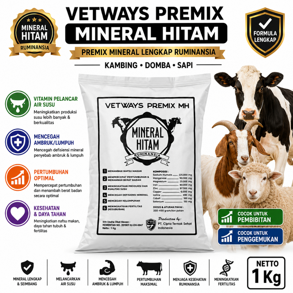Vitamin Pelancar ASI dan pencegah Ambruk/Lumpuh sapi kambing dan domba, Vetways Premix Mineral Hitam