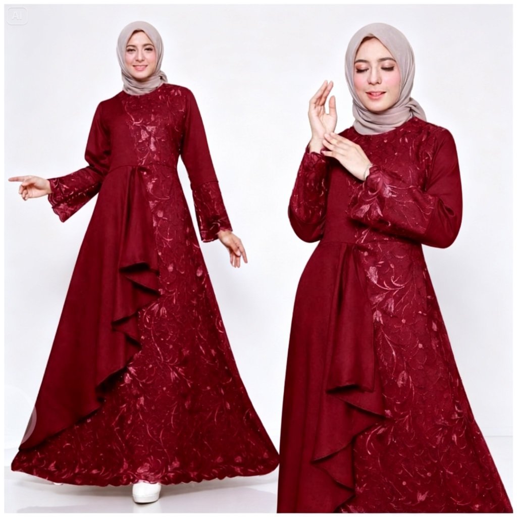 Gamis Kondagan Elegan Zolana Maxy Dres CG Bahan Mosscrape Baju Muslimah Premium Warna Maroon Yellow 