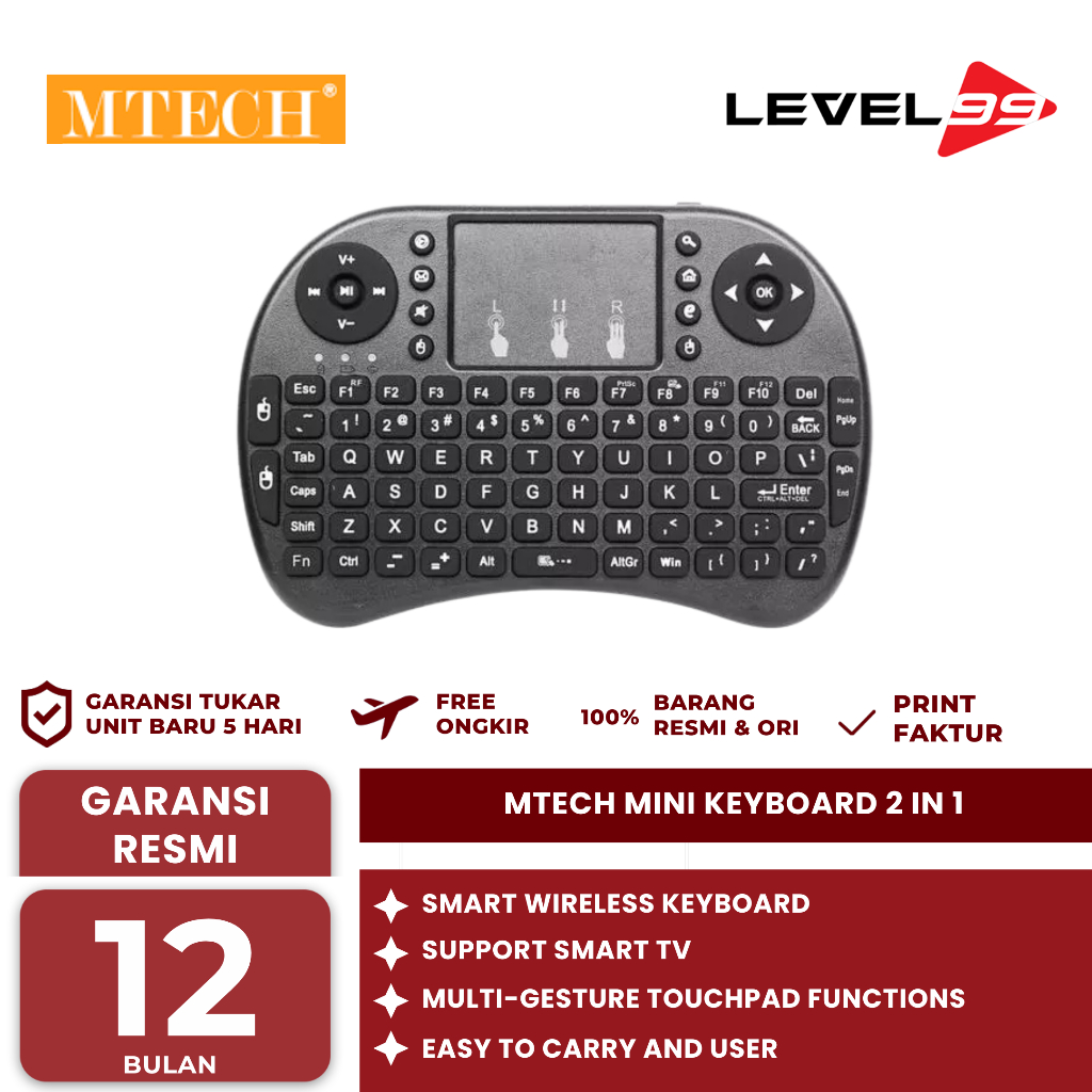 MTECH Mini Keyboard 2 in 1 Bluetooth Wireless 2.4G Handheld Keyboard For PC Android TV BOX - KEYBOAR