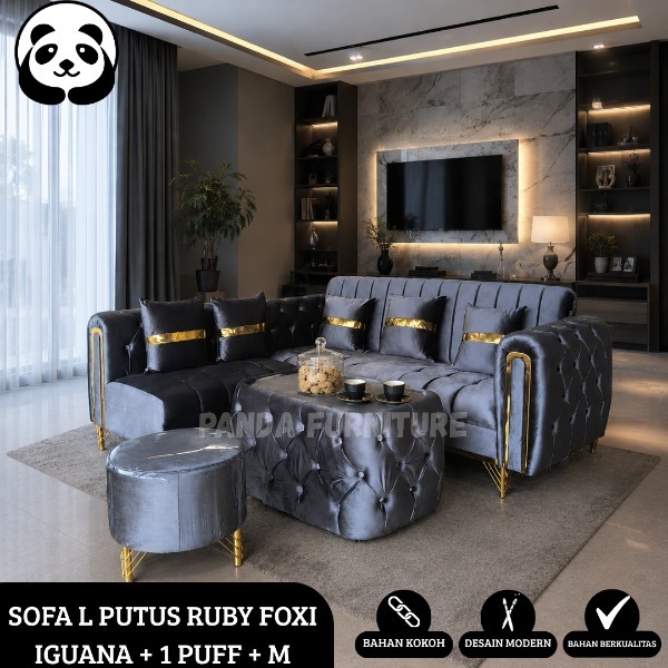 PROMO SOFA L PUTUS RUBY FOXI IGUANA PREMIUM KAIN BLUDRU + MEJA + 1 STOOL DUDUKAN + BANTALAN NYA KAIN