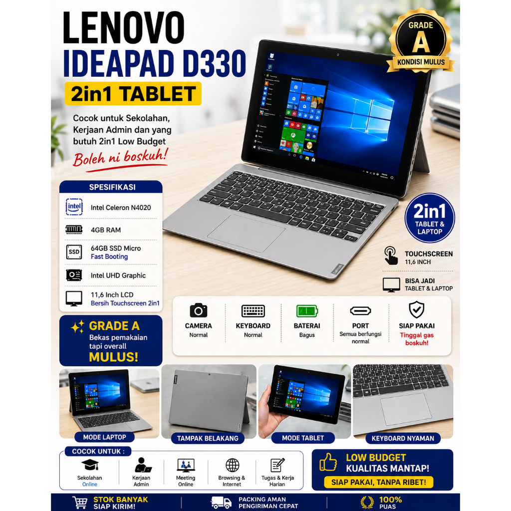 LAPTOP LENOVO IDEPAD D330 INTEL CELERON N4020 4GB 64GB FAST BOOTING 2IN1 TOUCH TABLET DETACHABLE RAD