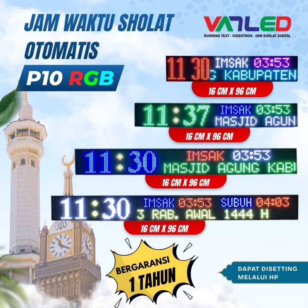 Jam Sholat Digital Otomatis Running Text Masjid Jadwal Waktu Shalat Mushola LED Display Bisa Custom 