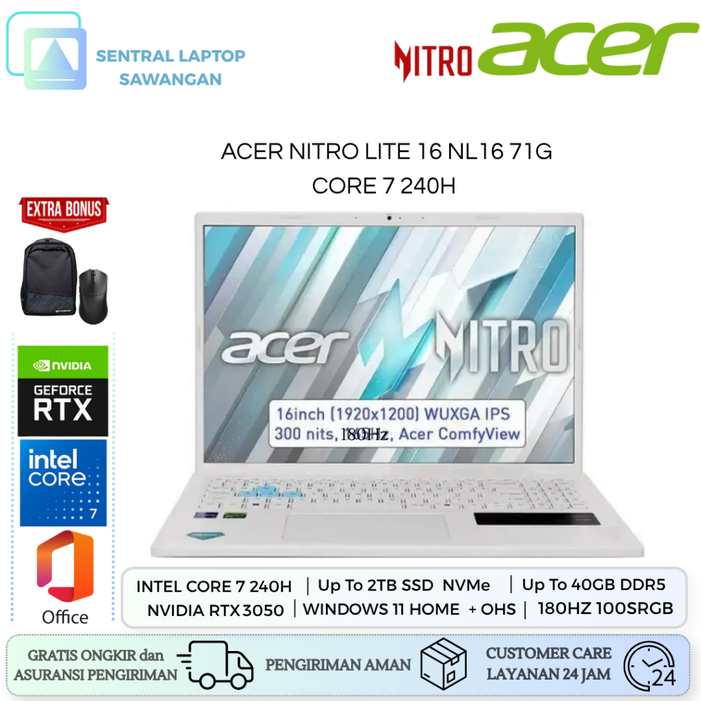 NEW Acer NITRO Lite 16 NL16 71G GeForce RTX 3050-6GB CORE I5 210H 40GB 1TB SSD WUXGA 180HZ 100 SRGB