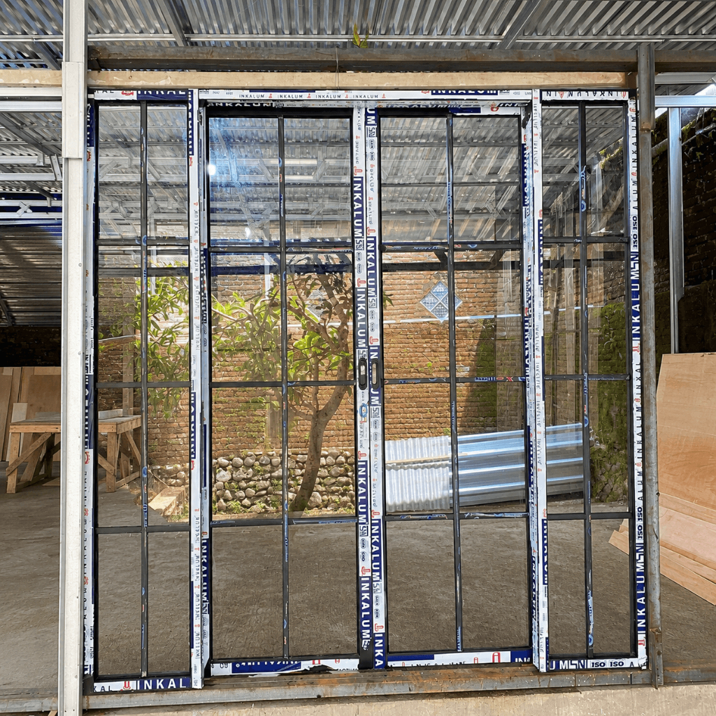 Pintu Sliding Aluminium 4 Daun | 2 Daun Geser Tengah + Kaca Mati Samping