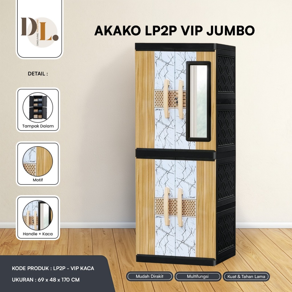 AKAKO - LEMARI PAKAIAN GANTUNG + RAK + KACA MINIMALIS AKAKO VIP 2 PINTU / Almari / Lemari Portable /
