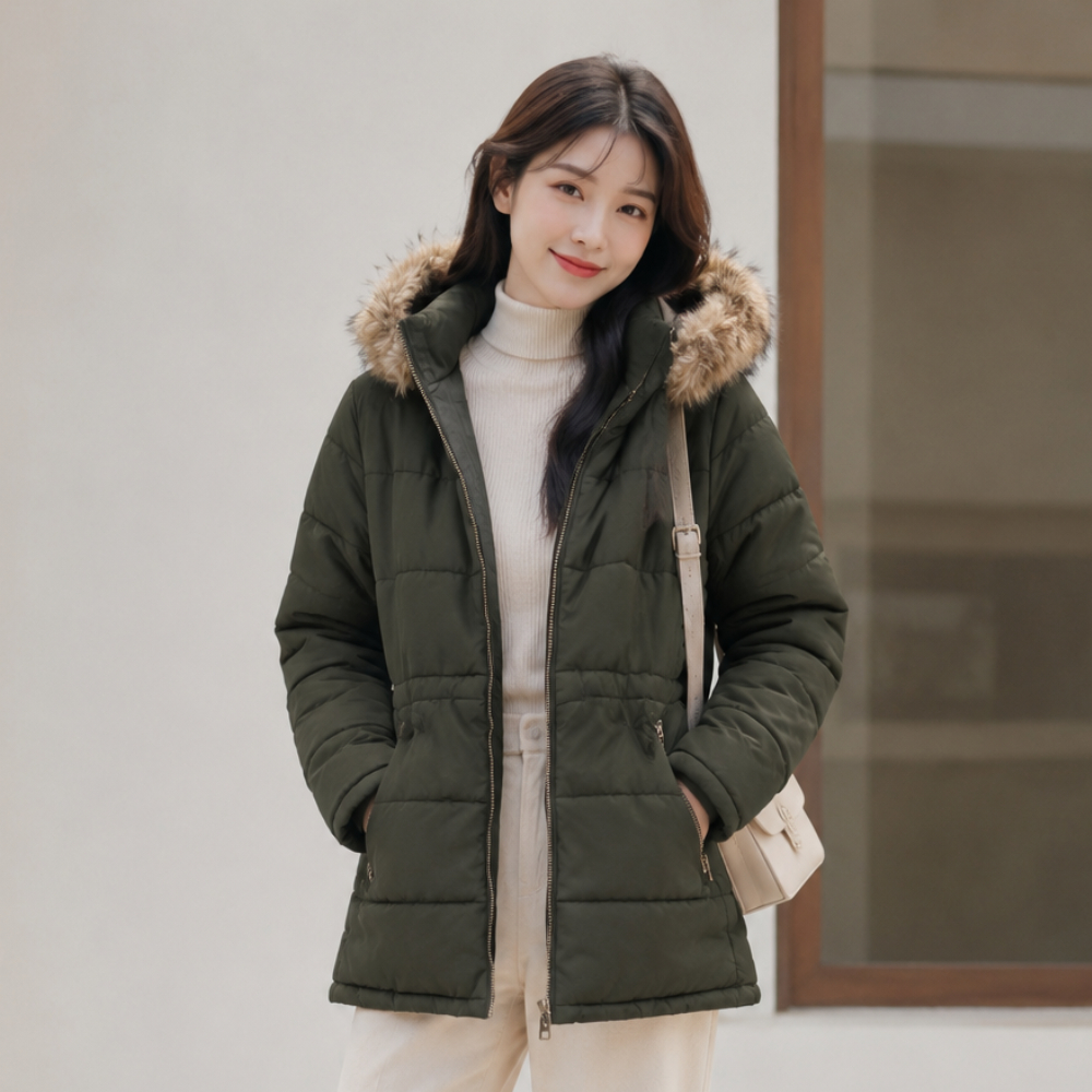 Jaket Puffer Parka Wanita GAP Olive Hoodie Fur Winter Jacket Hangat Casual