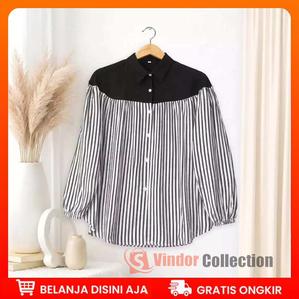 Kemeja Wanita Selina Blouse Motif Salur Kombinasi Rayon Twill