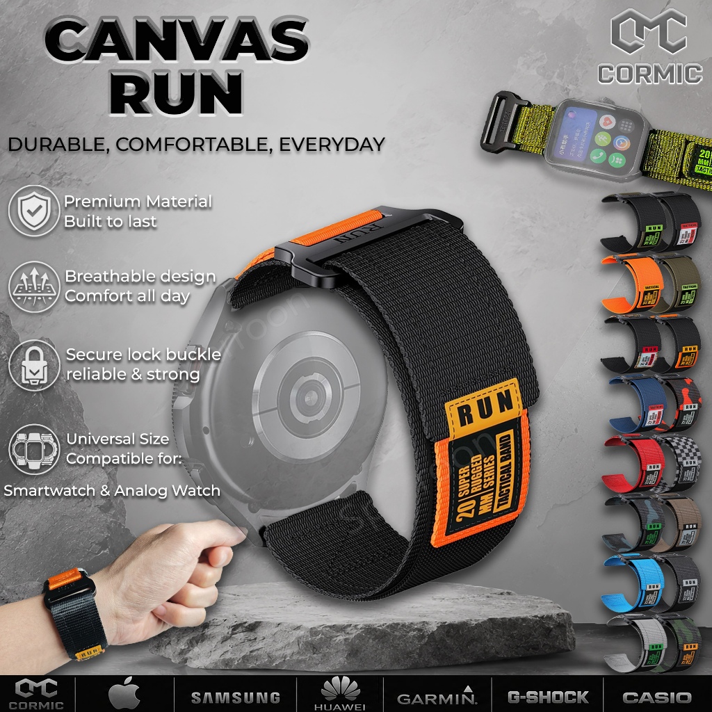 Strap Smartwatch CANVAS RUN CORMIC Tali Jam 20mm 22mm 18mm 24mm 26mm untuk Gshock dan Casio