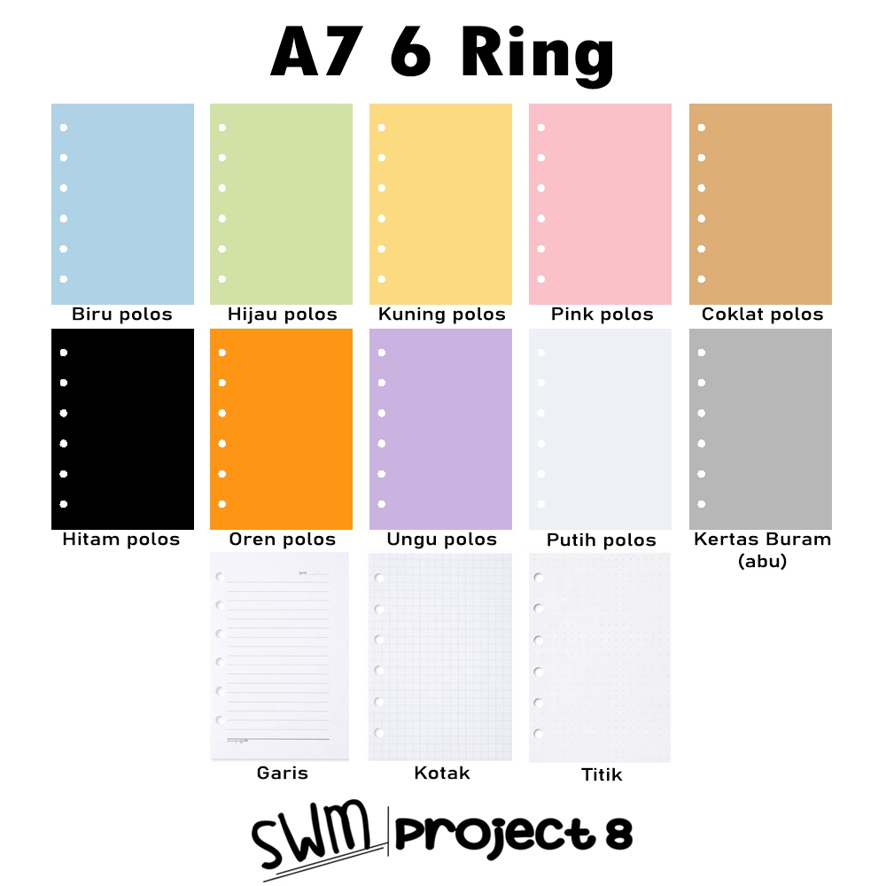 A7 6ring - isi binder refill loose leaf kertas file filler color warna polos bergaris kotak titik