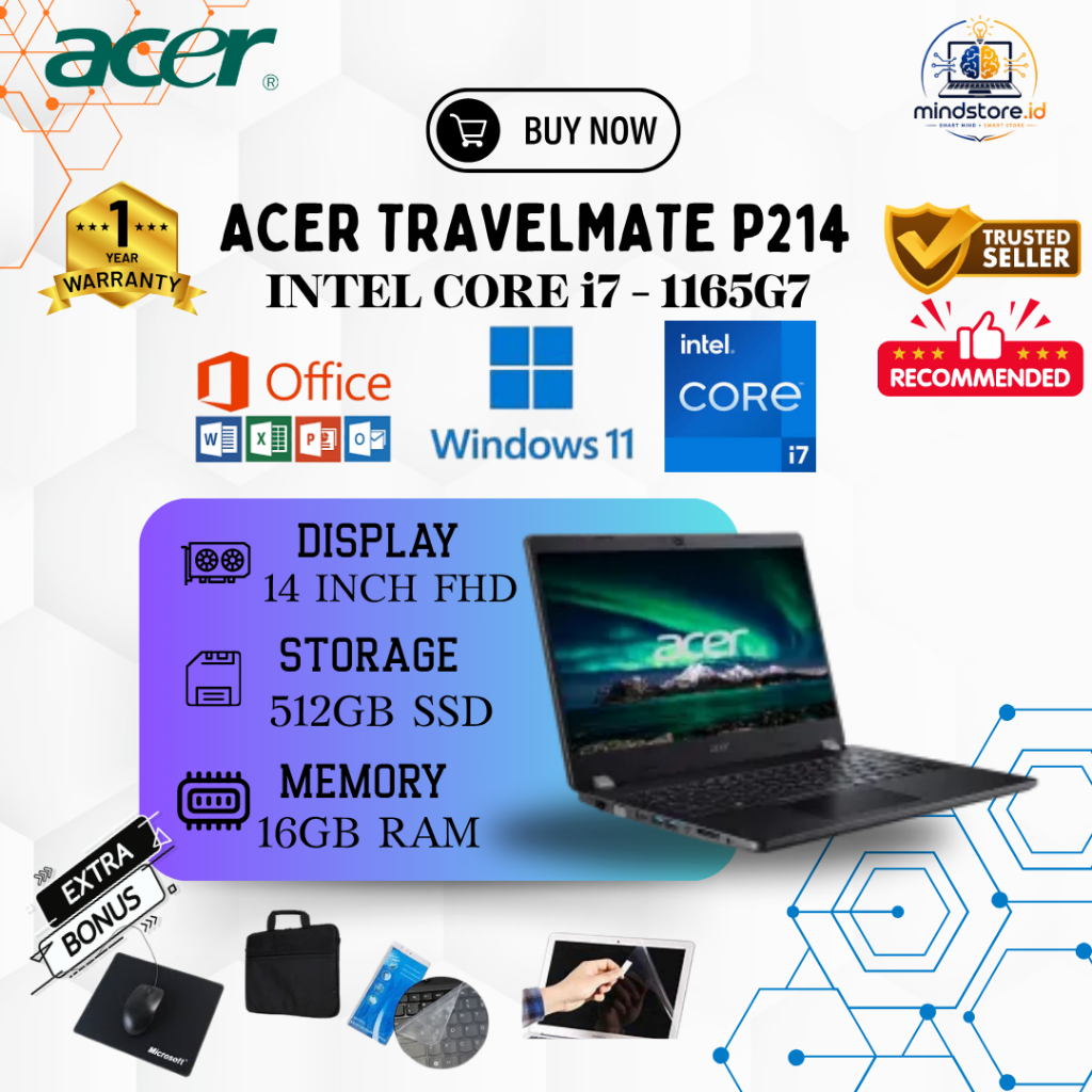 LAPTOP ACER TRAVELMATE P214 INTEL CORE i7 -  1165G7/ 16GB RAM 512GB SSD/14 INCH WINDOWS 11/ FREE OFI