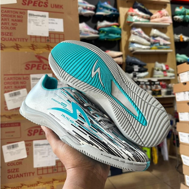 FREE ONGKIR  Sepatu Futsal Specs Lightspeed Reborn IN Silver/Black/Aqua Specs LS Reborn