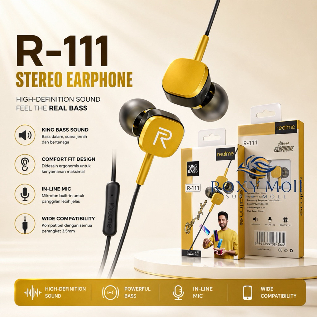 Headset Realme R-111 Extra Bass Handsfree R111 + Mic Earphone Universal [SMOLL]