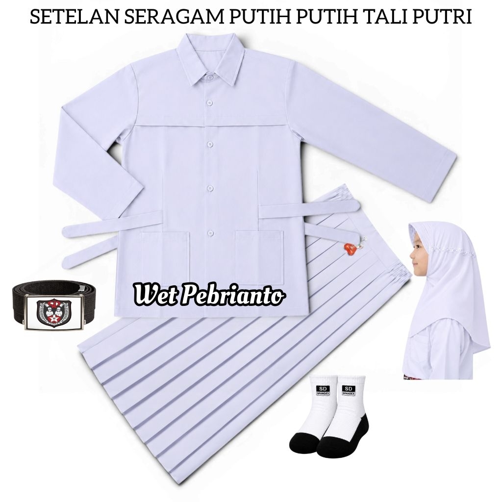 Setelan Seragam PutihPutih Tali Polos SD/MI Baju Putih Tali Polos Lengan Panjang Rok Putih Panjang