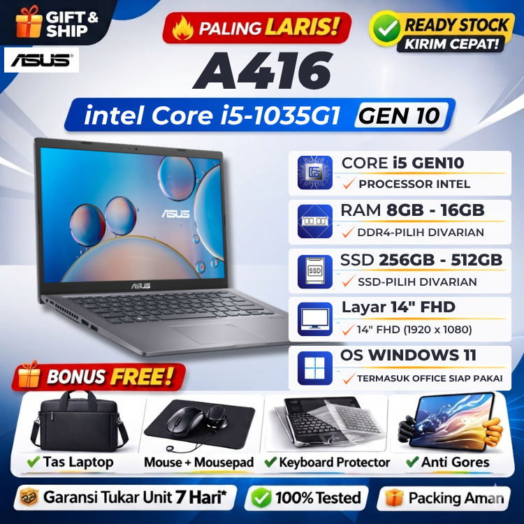 ASUS A416JAO i5 1035G1 16GB 512GB SSD Win11+Office 14"FHD intel UHD