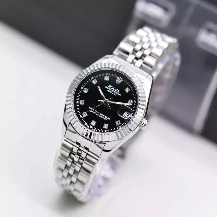Jam Tangan Wanita Rolex Original Motif Gerigi Tali Rantai Solid Tanggal On Free Box Rolex & Baterai