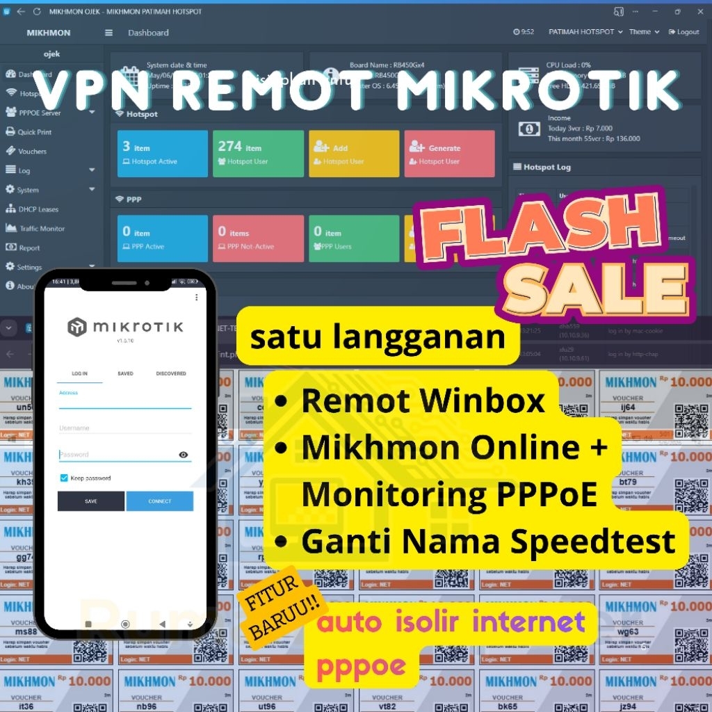 VPN Remot - Winbox - Mikhmon Online VIP + Monitoring PPPoE - Speedtest