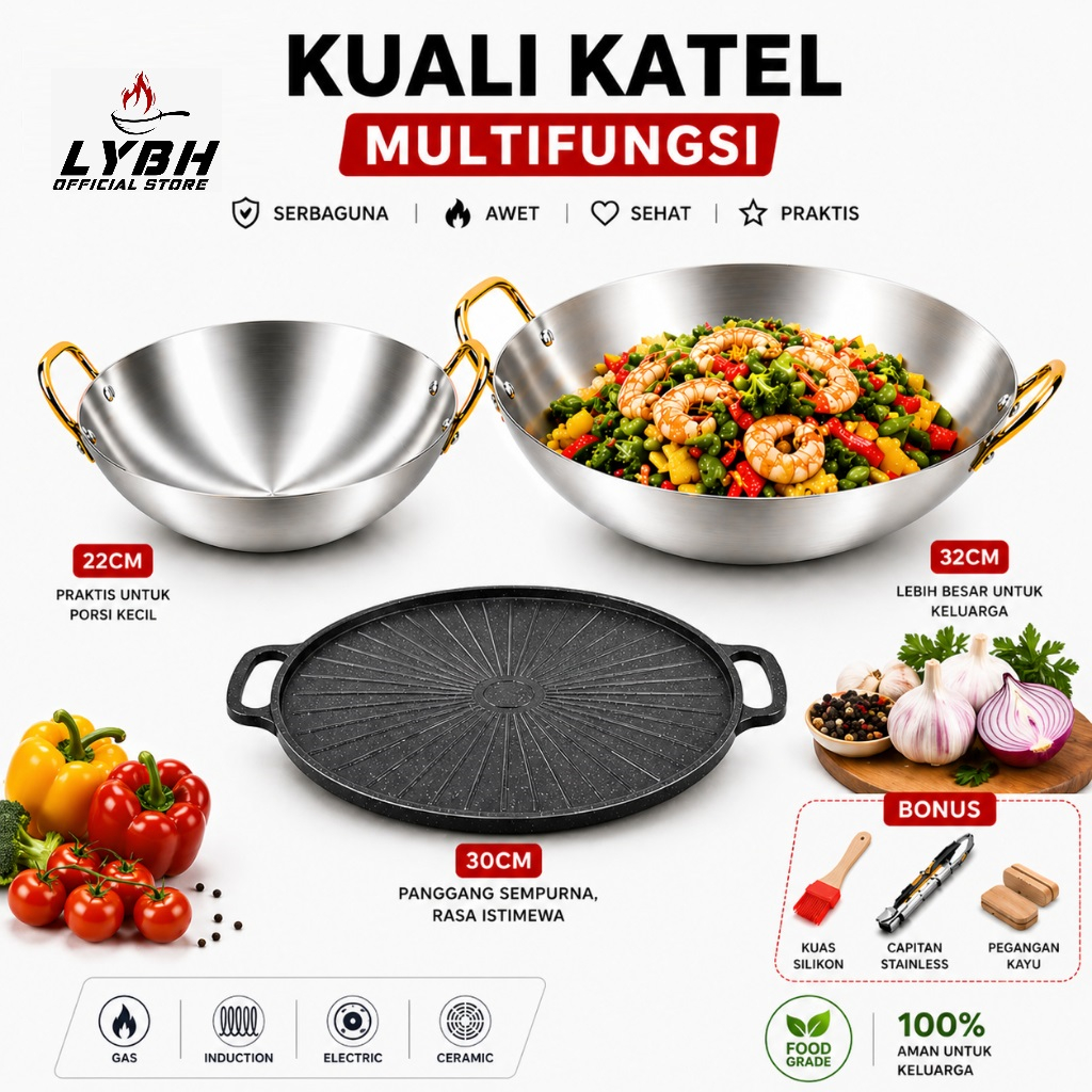 COD Wajan dan Grill Pan Set 3PCS Stainless SUS 304 Tebal Anti Karat Panci Penggorengan dan Pangganga