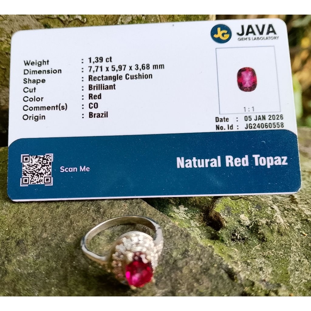 batu cincin red topaz 1.3ct+memo