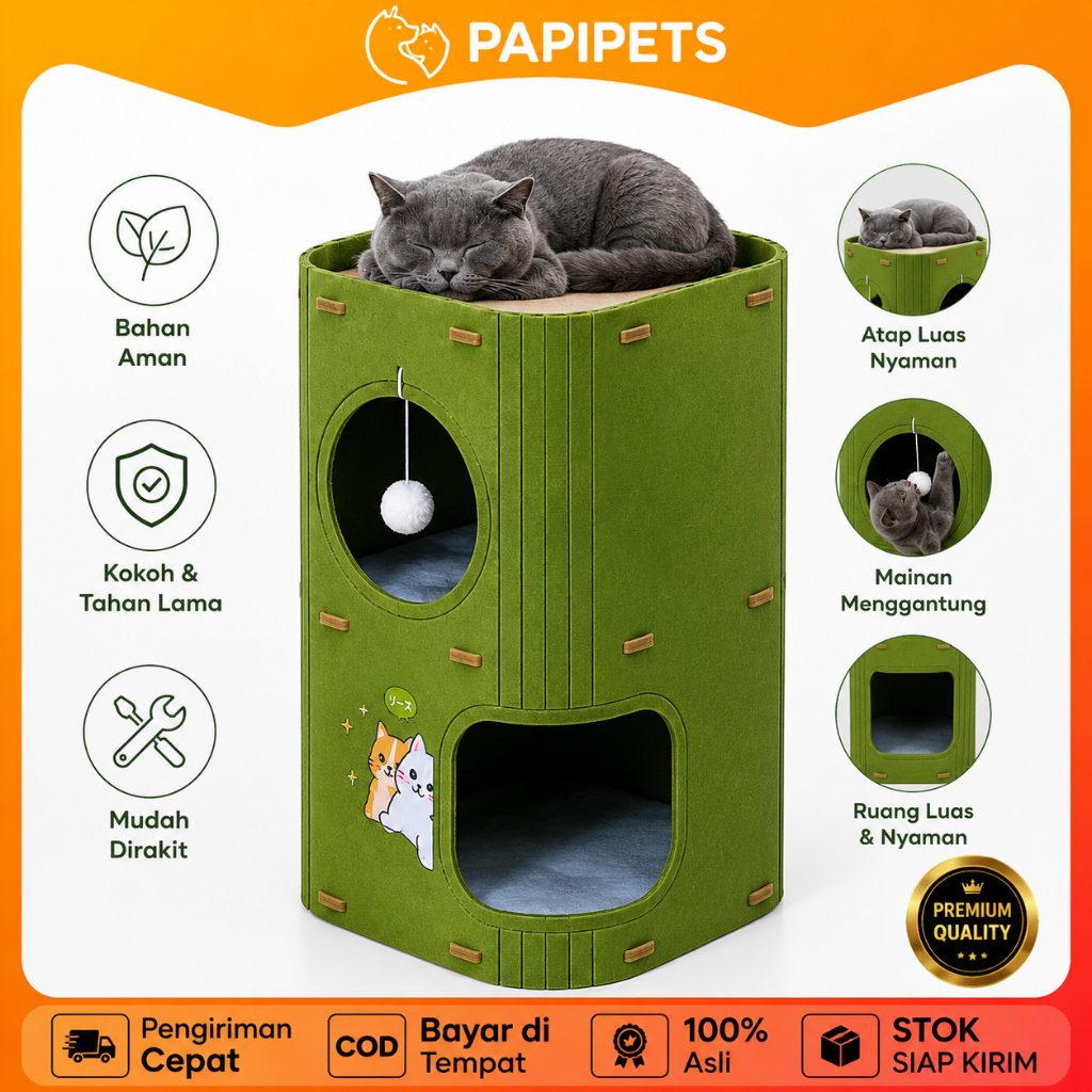 PAPIPETS Rumah Kucing Besar Garukan Kucing Kardus Tempat Tidur Mainan Kucing Tingkat Terowongan