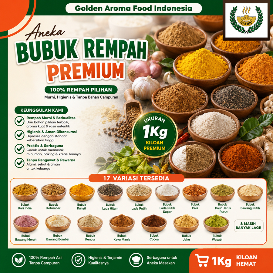 Aneka Bubuk Rempah 1 Kg Powder Kari India Ketumbar Kunyit Lada Hitam Putih Merica Pala Jeruk Purut B