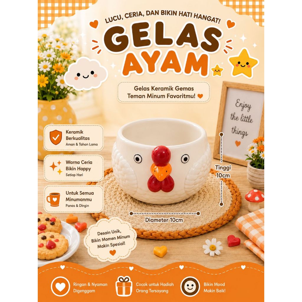 (GELAS MODEL AYAM JAGO) GELAS AYAM PUTIH ESTETIK DAN LUCU