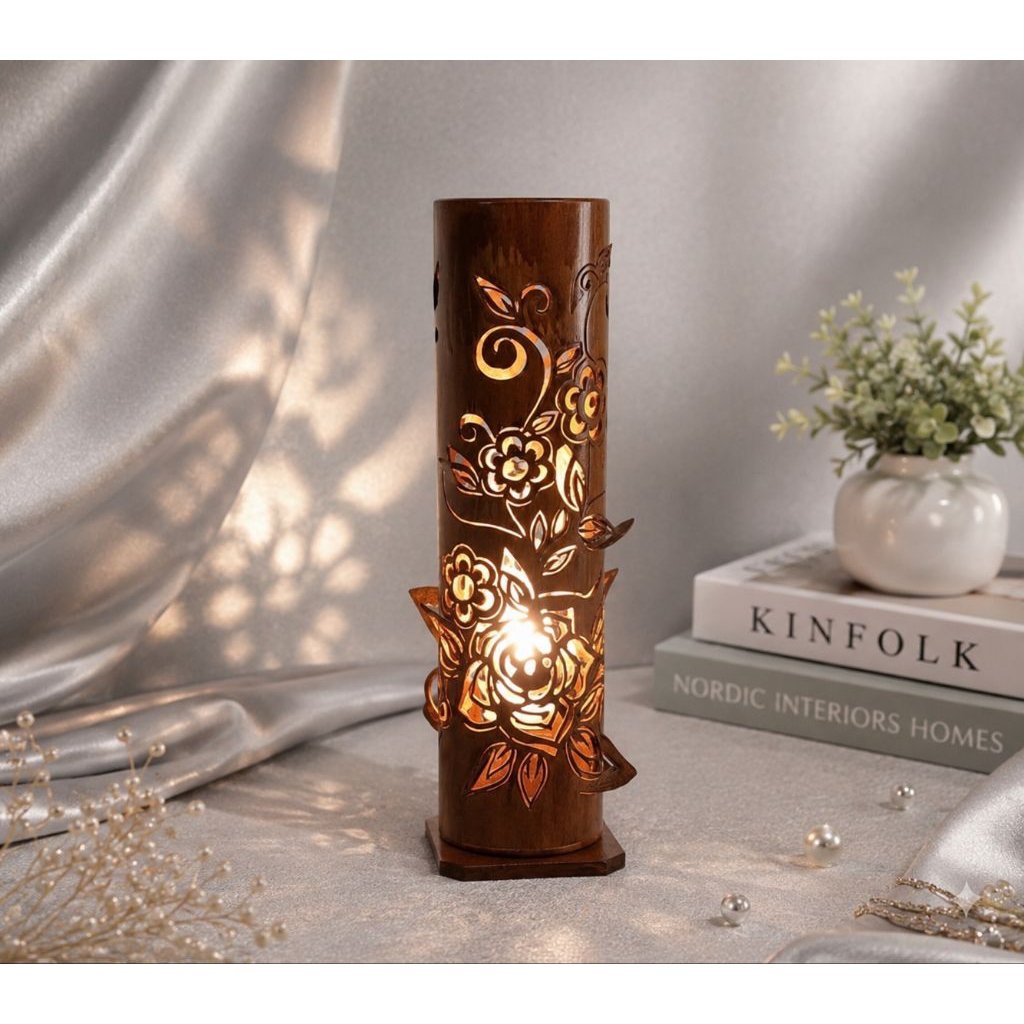 Lampu Tidur Paralon Ukir Motif Bunga 30cm – Lampu Hias Kamar Aesthetic Dekor Rumah