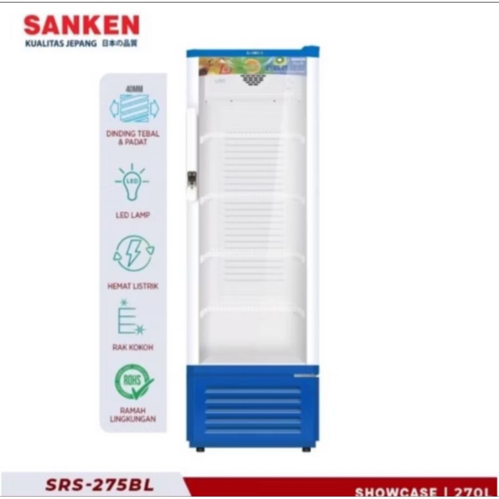 showcase cooler sanken 5 rak/ showcase sanken srs 275 garansi resmi
