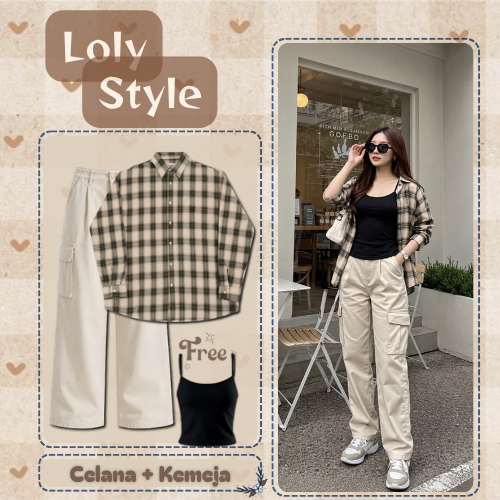Oneset Kemeja Casual Kekinian ( Tanktop - Kemeja - Celana Cargo Drill) Set Remaja - Ootd Remaja Keki