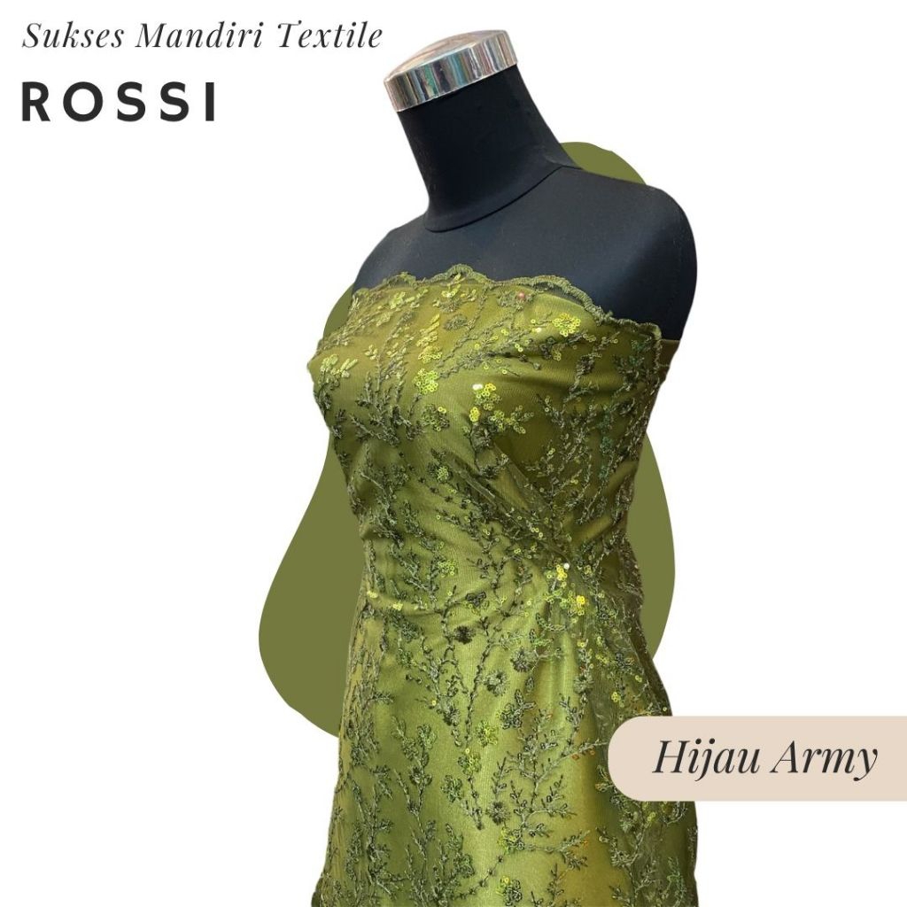 [ROSSI] Brokat Brukat Tile Motif Bunga Payet Premium Mewah Warna Hijau Army | Harga ½ meter = 50 cm 