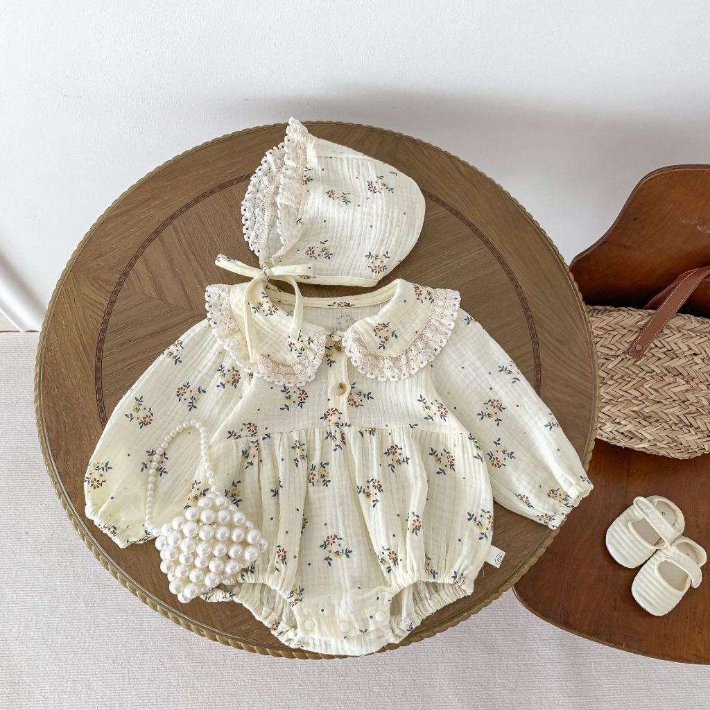Set Baju Bayi Perempuan Vintage Bunga + Topi Baju Photoshoot Bayi