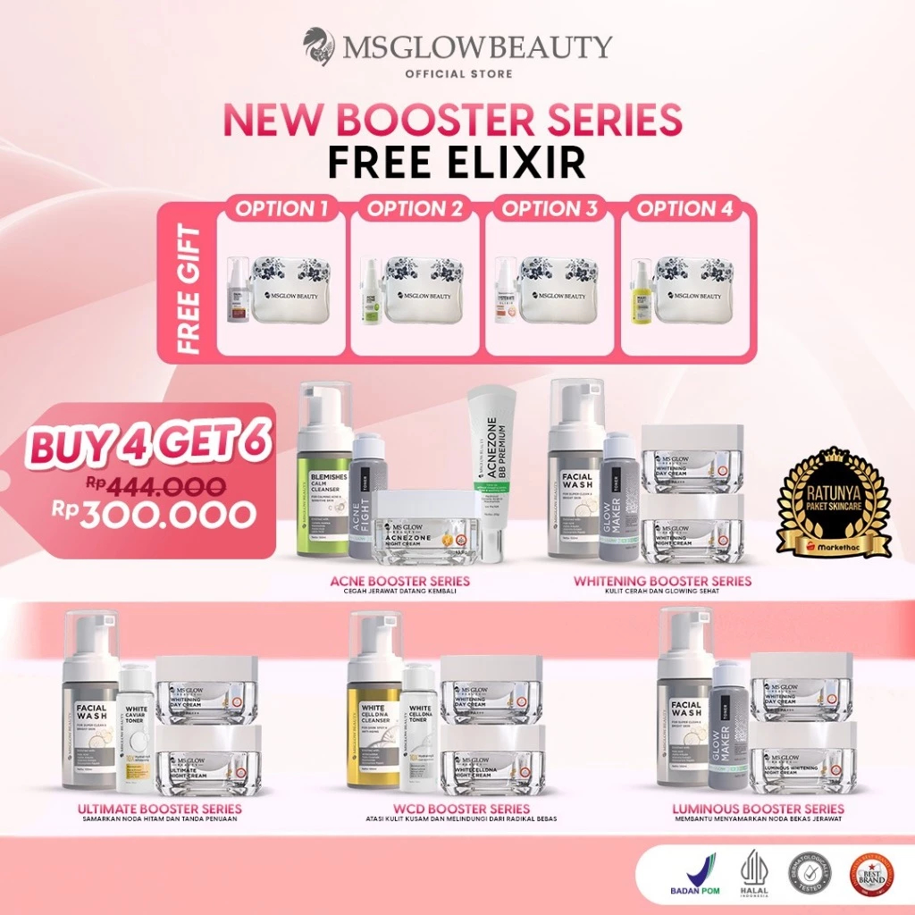 MS Glow - [buy 4 Get 6] Paket Wajah Booster Free Serum Elixir - Mecerahkan Wajah Dan Menyamarkan Fle