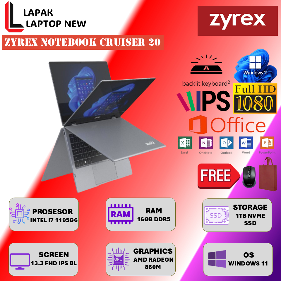 Laptop 2in1 Zyrex NoteBook Cruiser 20 Intel Core i7 1195G6 Ram 16GB DDR5 1TB SSD 13.3" FHD IPS Touch