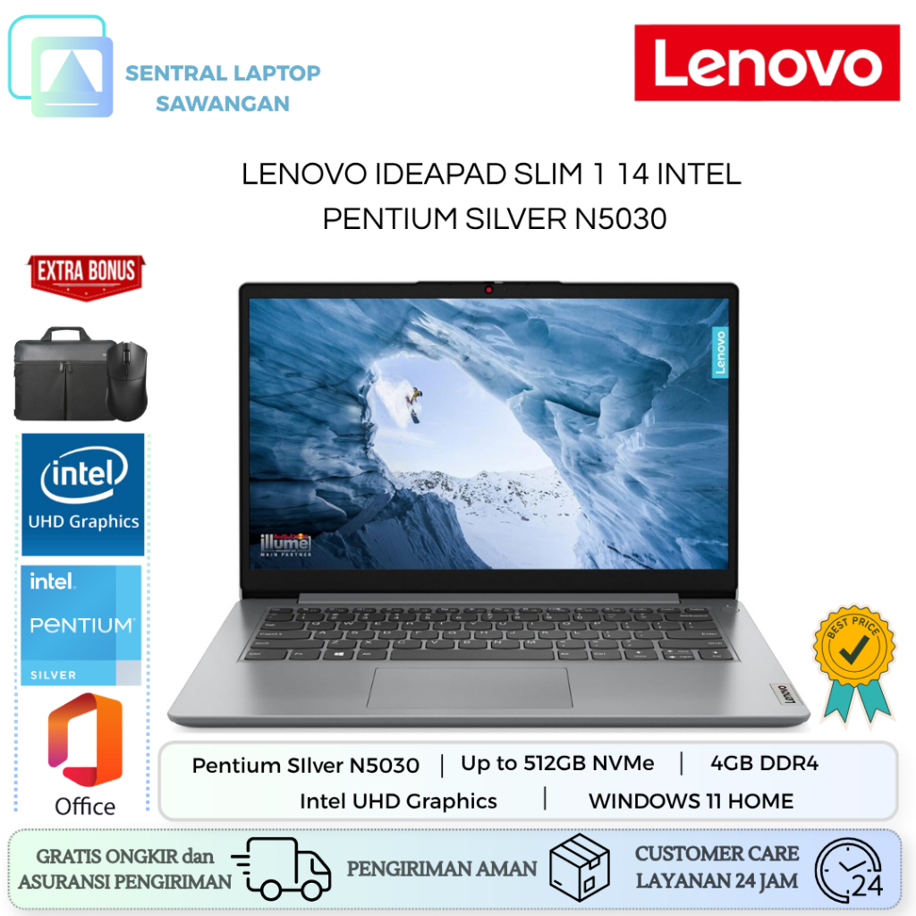 Laptop Pelajar LENOVO Ideapad Slim 1 Intel Pentium Silver N5030 4GB 384GB SSD 14.Inch Windows 11