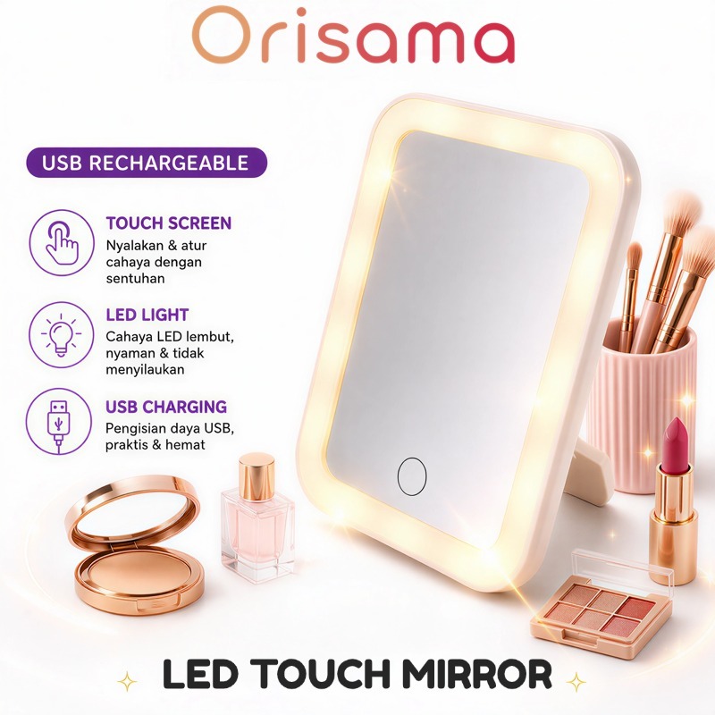 Cermin LED / Cermin Lampu LED / Cermin Make up Meja Dengan Lampu LED Tombol Touch Screen Charge USB
